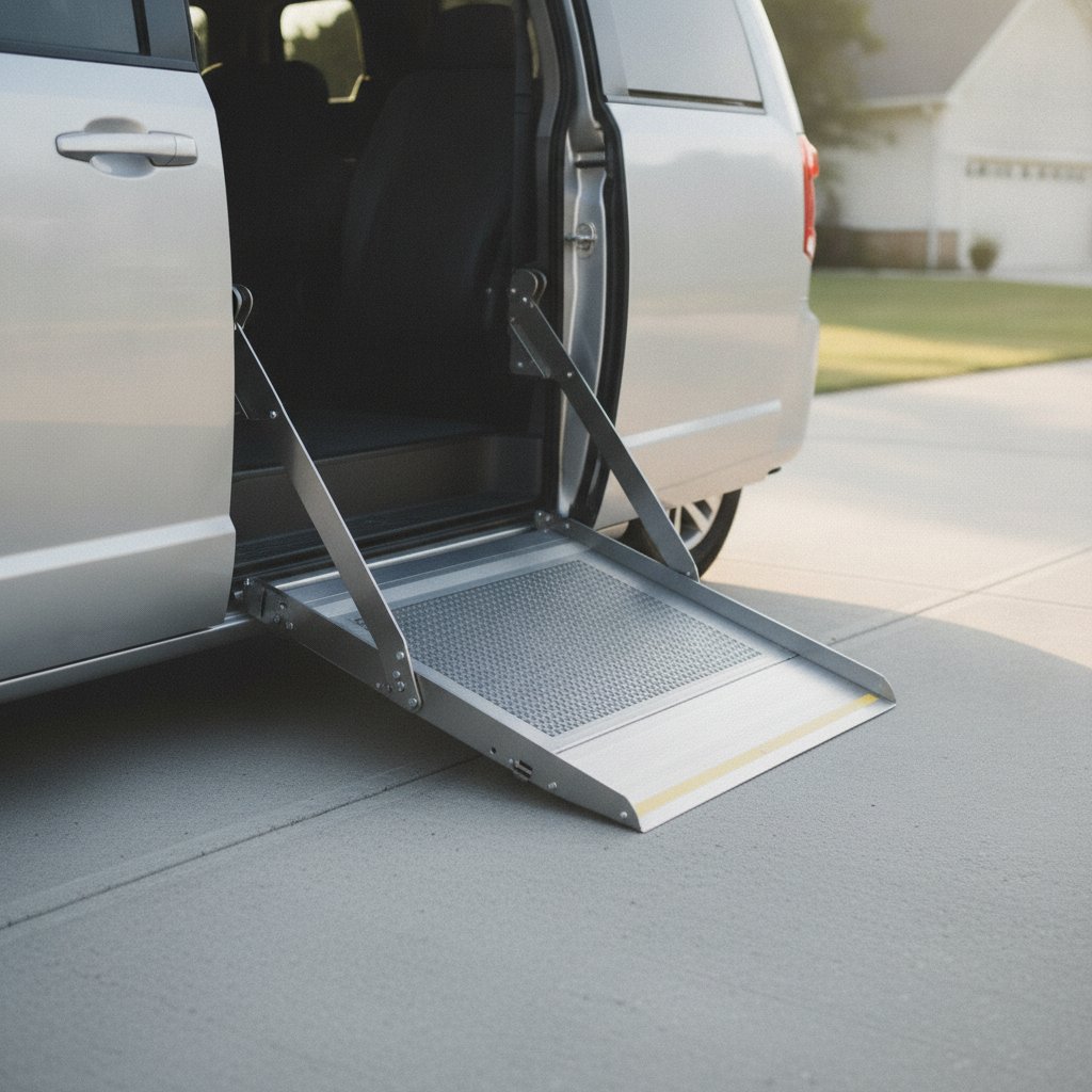 Wheelchair taxi ramp extended from accessible vehicle